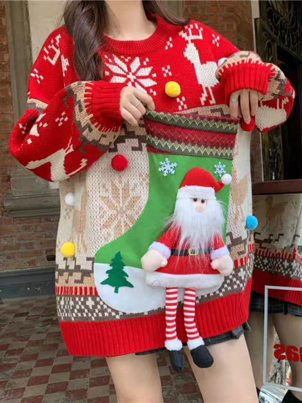 New Santa Sock Pocket New Fawn Knitted Sweater