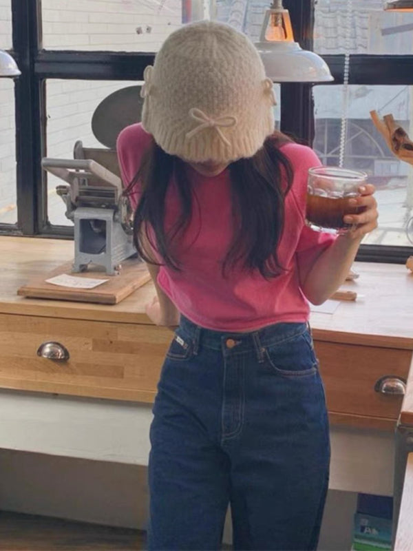 New women's warm and cute all-match bow warm knitted fisherman hat