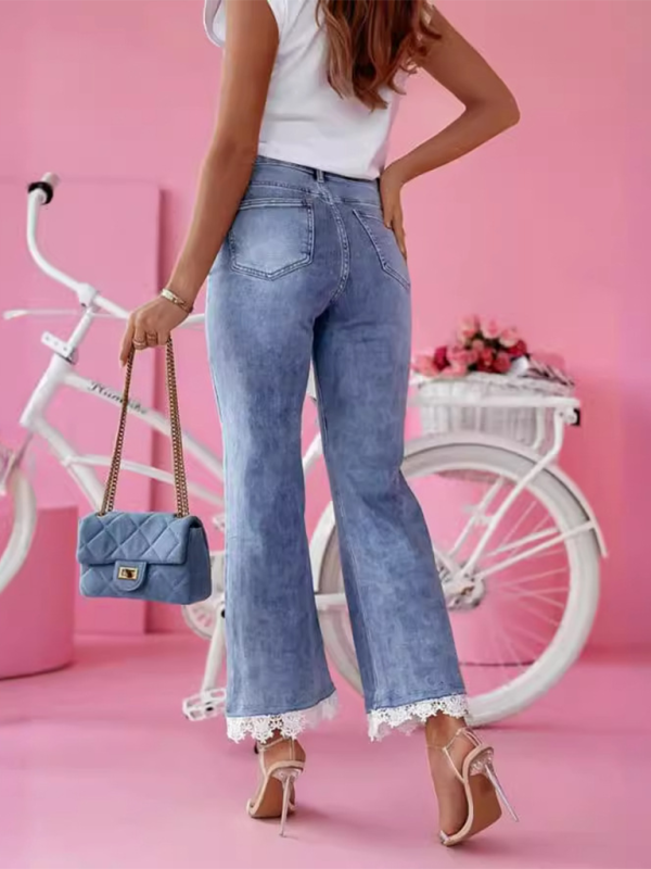 High waist slim fit bootcut jeans for women with fresh hem lace trousers