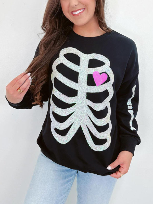 Halloween Skeleton Man Sequin Top Long Sleeve Pullover Sweatshirt - Hiccupzz