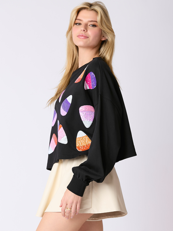 Halloween Candy Sequins Long Sleeve Casual Pullover Sweatshirt - Hiccupzz