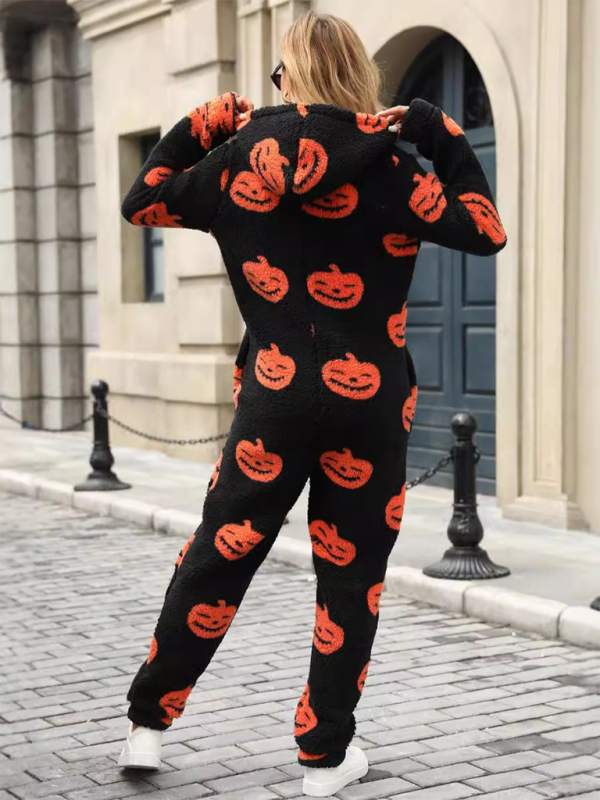 New Halloween Pumpkin Print Zipper Loose Plush Jumpsuit - Hiccupzz