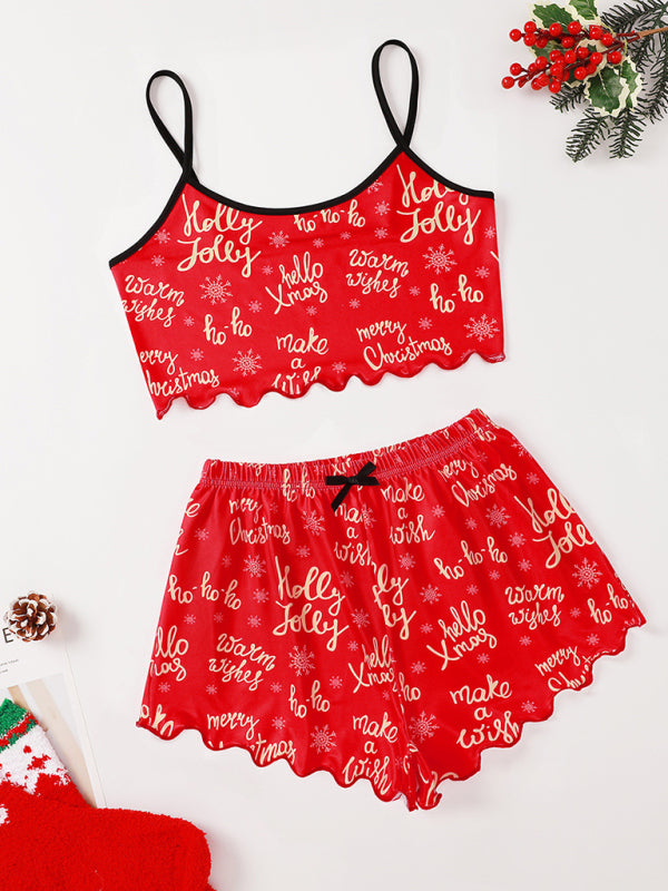 Christmas print sleeveless shorts, simple and casual two-piece home wear - Hiccupzz