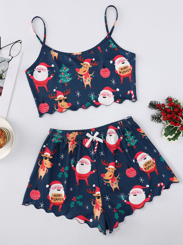 Christmas Santa Claus Elk Print Sleeveless Shorts Simple Casual Two-piece Home Clothes - Hiccupzz
