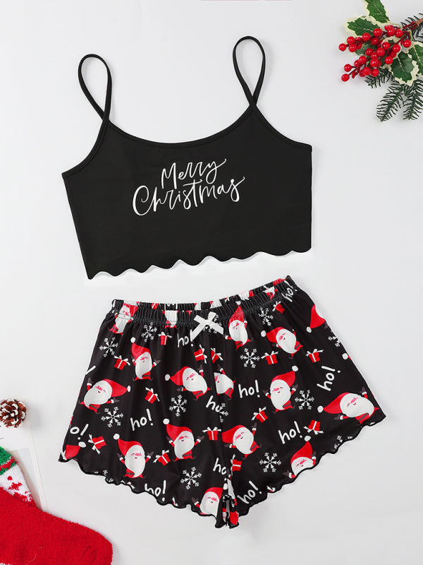 Christmas letter elk Christmas hat print sleeveless shorts simple casual two-piece home clothes - Hiccupzz