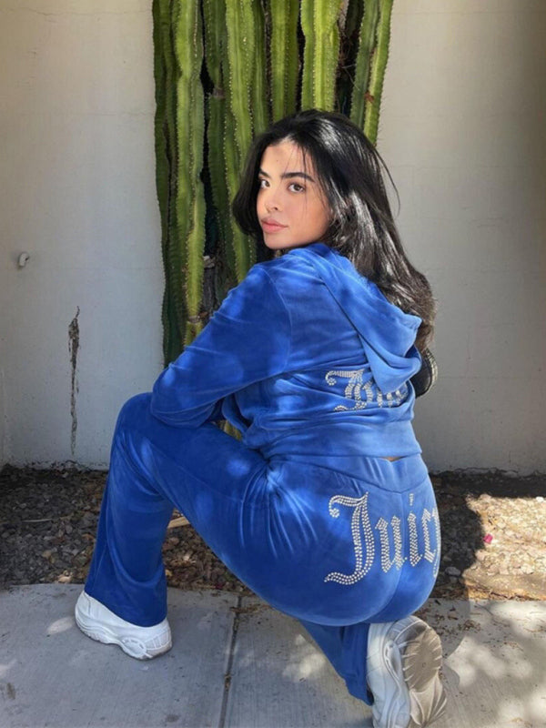 Women's casual solid color letter hot diamond sportswear long-sleeved hooded sweatshirt loose trousers two-piece suit - Hiccupzz