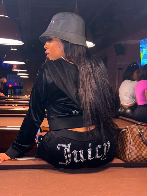 Women's casual solid color letter hot diamond sportswear long-sleeved hooded sweatshirt loose trousers two-piece suit - Hiccupzz