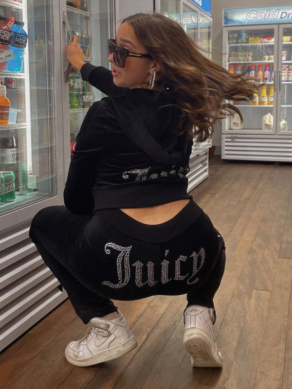 Women's casual solid color letter hot diamond sportswear long-sleeved hooded sweatshirt loose trousers two-piece suit - Hiccupzz