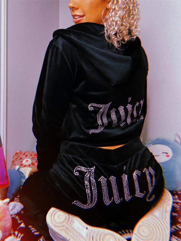 Women's casual solid color letter hot diamond sportswear long-sleeved hooded sweatshirt loose trousers two-piece suit - Hiccupzz