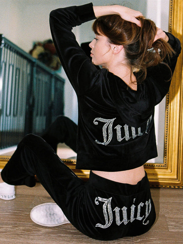 Women's casual solid color letter hot diamond sportswear long-sleeved hooded sweatshirt loose trousers two-piece suit - Hiccupzz