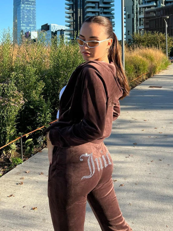 Women's casual solid color letter hot diamond sportswear long-sleeved hooded sweatshirt loose trousers two-piece suit - Hiccupzz