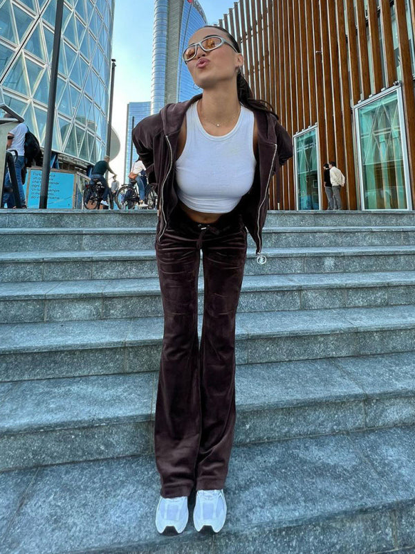 Women's casual solid color letter hot diamond sportswear long-sleeved hooded sweatshirt loose trousers two-piece suit - Hiccupzz