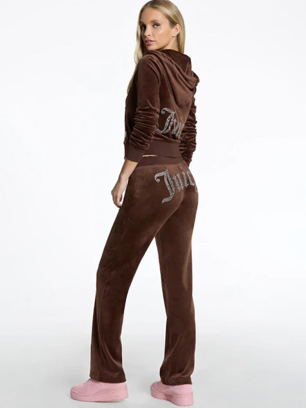 Women's casual solid color letter hot diamond sportswear long-sleeved hooded sweatshirt loose trousers two-piece suit - Hiccupzz