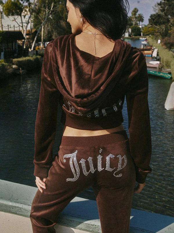 Women's casual solid color letter hot diamond sportswear long-sleeved hooded sweatshirt loose trousers two-piece suit - Hiccupzz