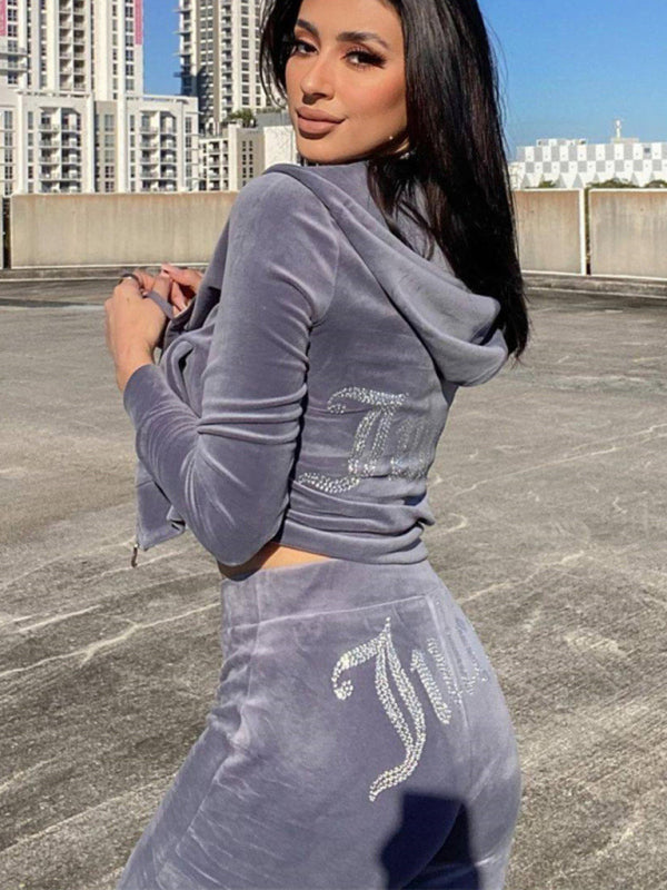 Women's casual solid color letter hot diamond sportswear long-sleeved hooded sweatshirt loose trousers two-piece suit - Hiccupzz