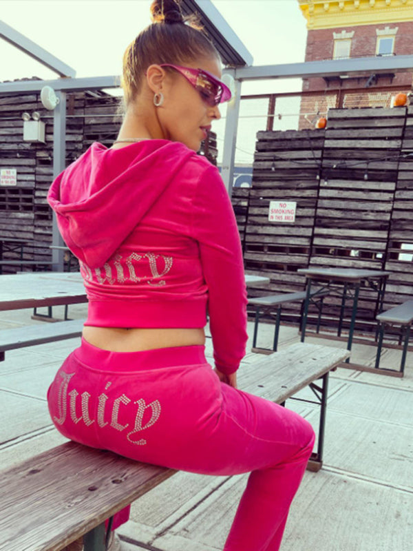 Women's casual solid color letter hot diamond sportswear long-sleeved hooded sweatshirt loose trousers two-piece suit - Hiccupzz