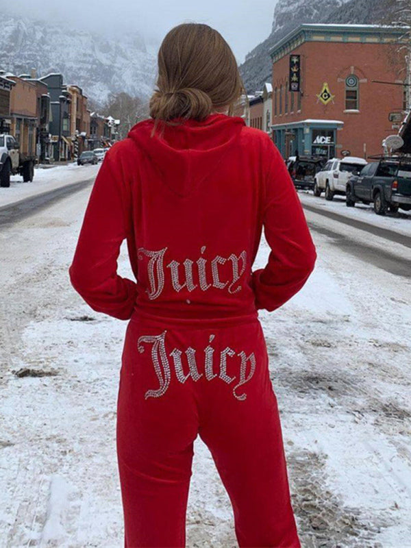 Women's casual solid color letter hot diamond sportswear long-sleeved hooded sweatshirt loose trousers two-piece suit - Hiccupzz