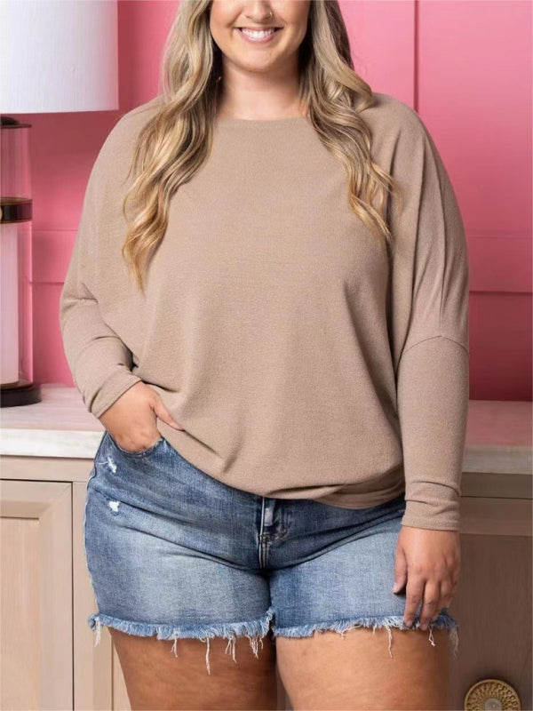 Plus size women's casual solid color long sleeve T-shirt - Hiccupzz