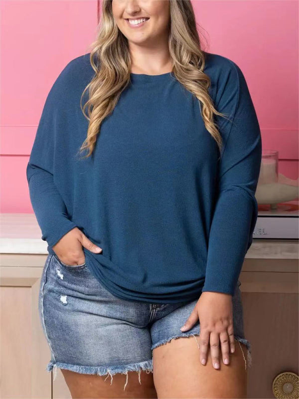 Plus size women's casual solid color long sleeve T-shirt - Hiccupzz