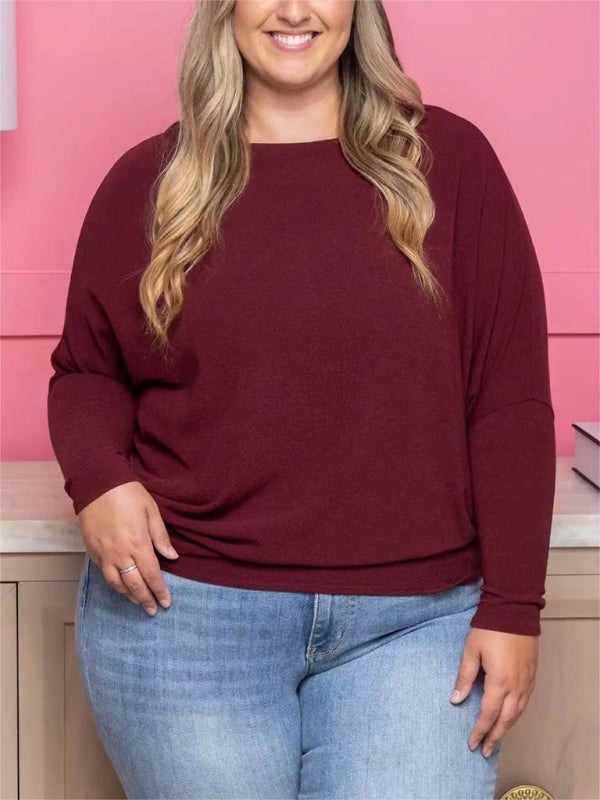 Plus size women's casual solid color long sleeve T-shirt - Hiccupzz