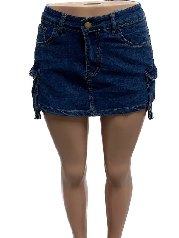 Ladies new retro washed stretch denim cotton short hip skirt pants - Hiccupzz