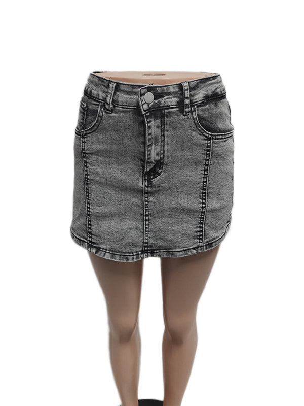 Ladies new retro washed stretch denim cotton short hip skirt pants - Hiccupzz