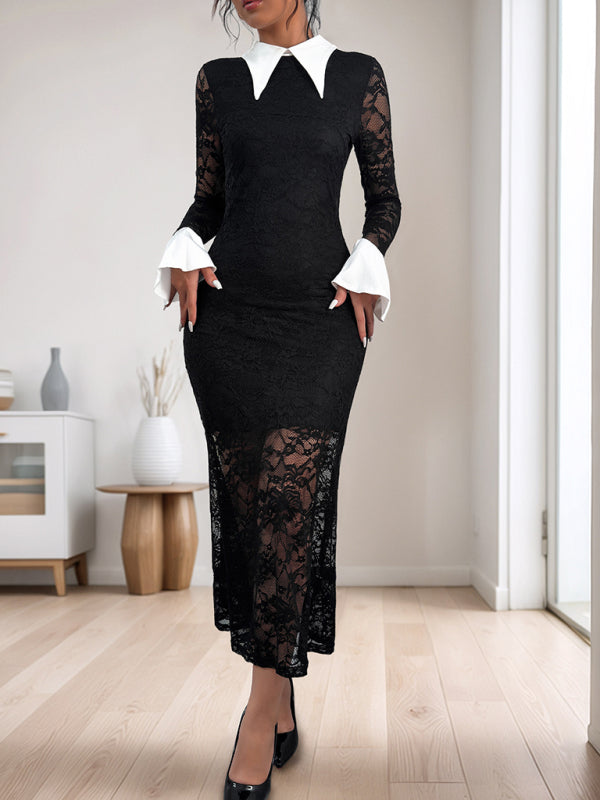New lace stitching dress black and white contrast high-end elegant slim dress