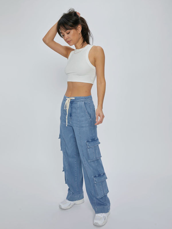 New Street Wash Overalls Multi-Pocket Wide-Leg Lace-Up Jeans