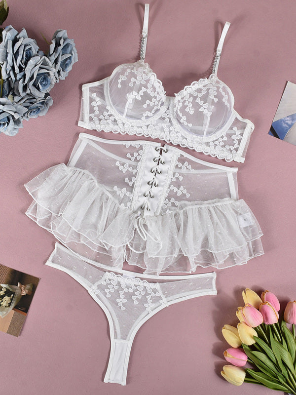 Embroidered lace-up waist-slimming multi-layered mesh skirt underwear set