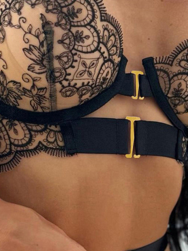Sexy Embroidered Metal Button Sexy Transparent Lingerie Set
