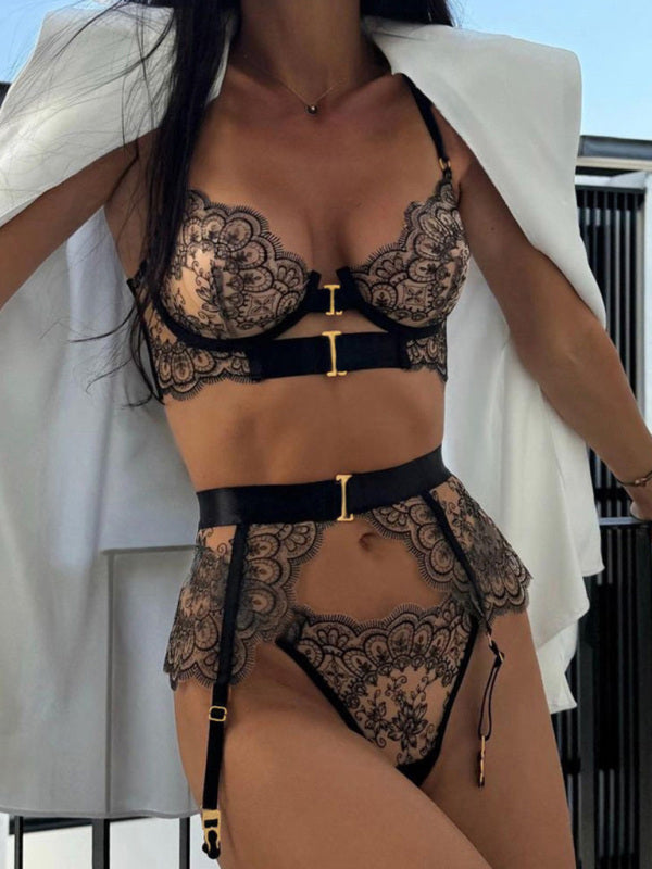 Sexy Embroidered Metal Button Sexy Transparent Lingerie Set