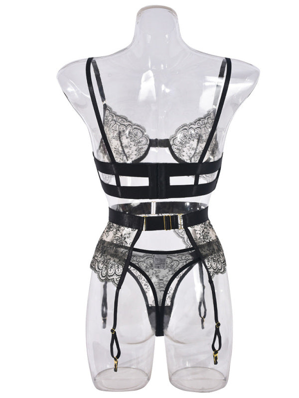 Sexy Embroidered Metal Button Sexy Transparent Lingerie Set