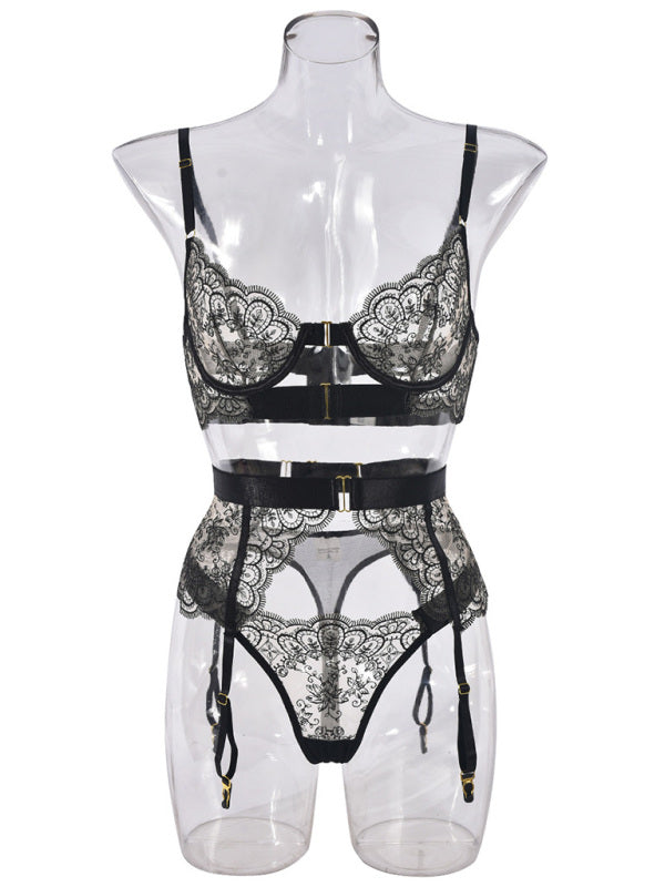 Sexy Embroidered Metal Button Sexy Transparent Lingerie Set