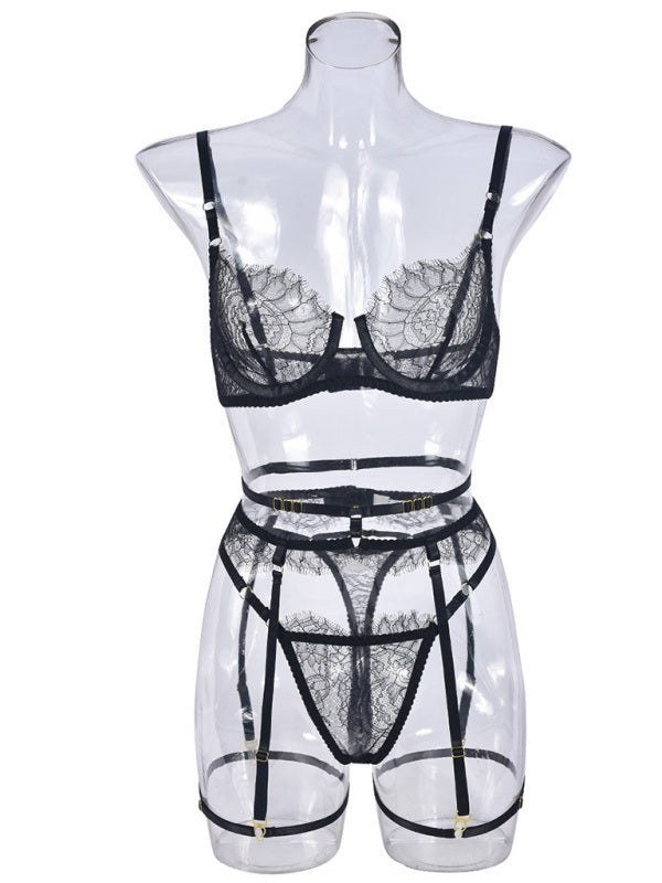 Eyelash lace sexy elegant lingerie set 3 pieces