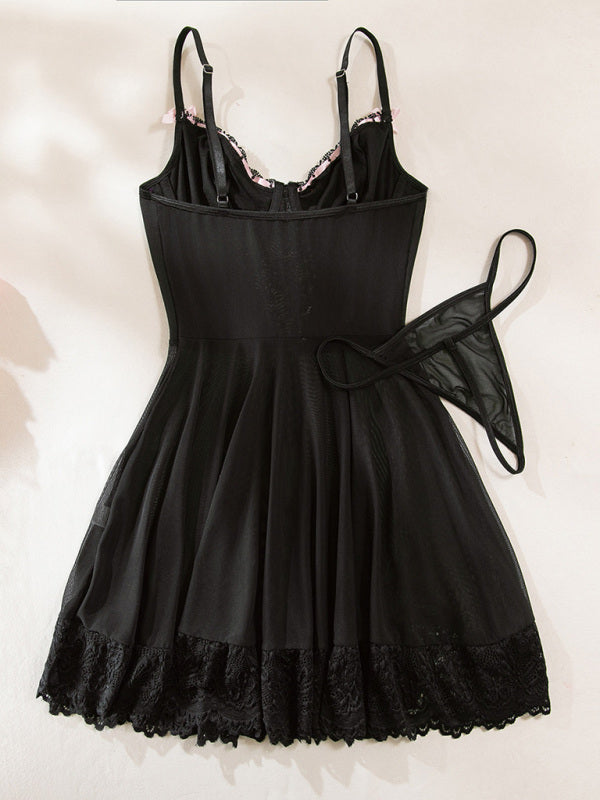 Lace Stitching Nightdress Set – Two-Piece Dress with Bow Ribbon Detailing