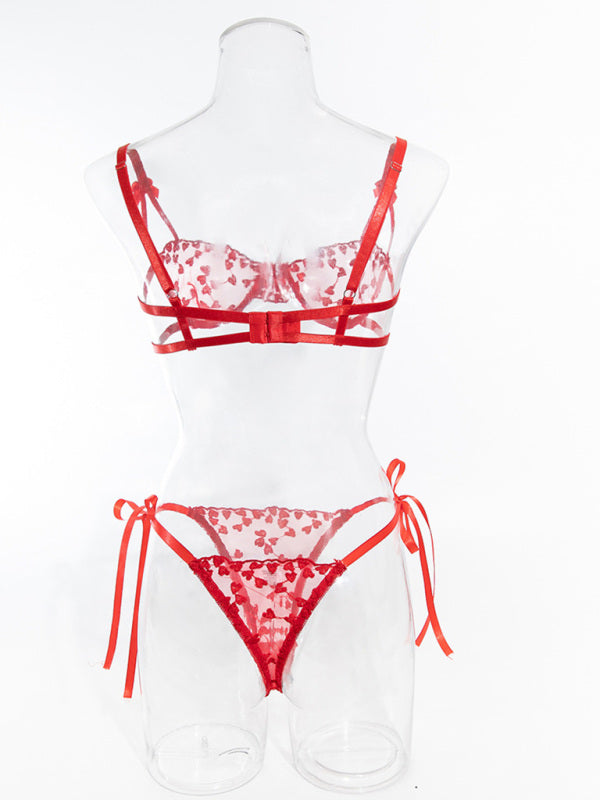 Lace Mesh Embroidered Bra Love Bow Tie Red Underwear Set