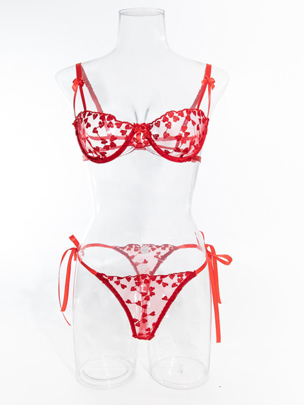 Lace Mesh Embroidered Bra Love Bow Tie Red Underwear Set