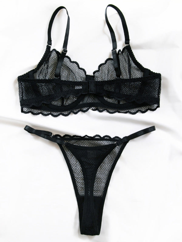 New hollow perspective gathered sexy wave lace underwear set