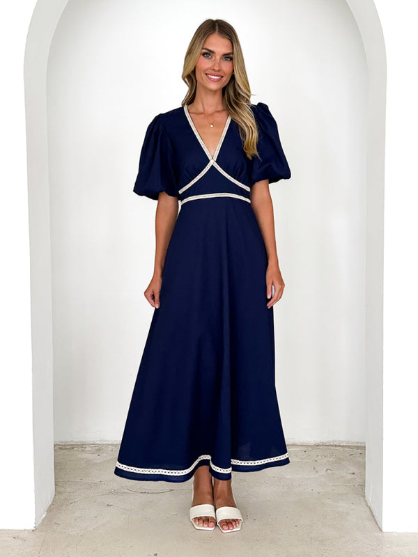 V-neck lace puff short sleeve waist dress