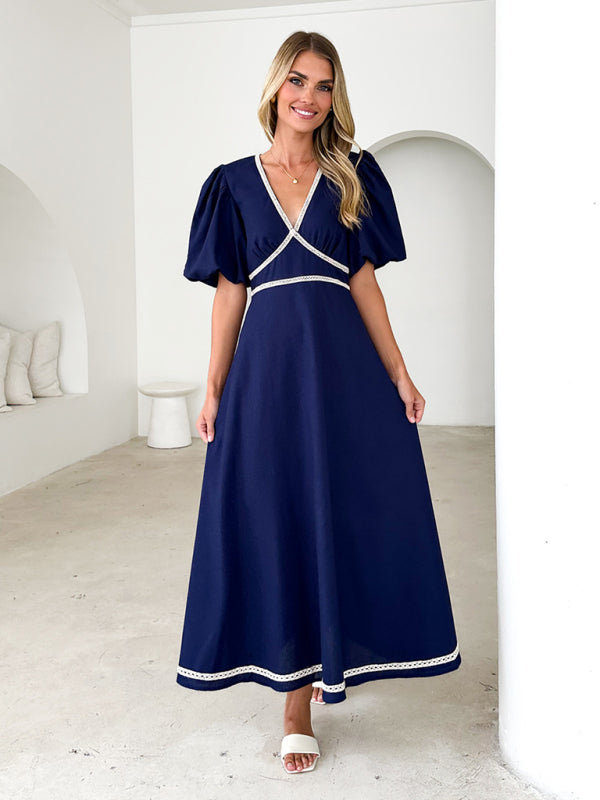 V-neck lace puff short sleeve waist dress