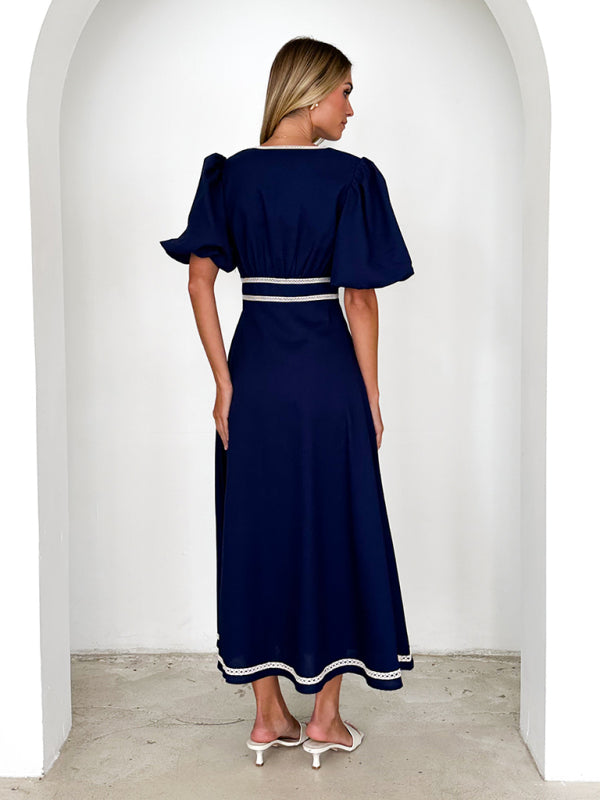 V-neck lace puff short sleeve waist dress