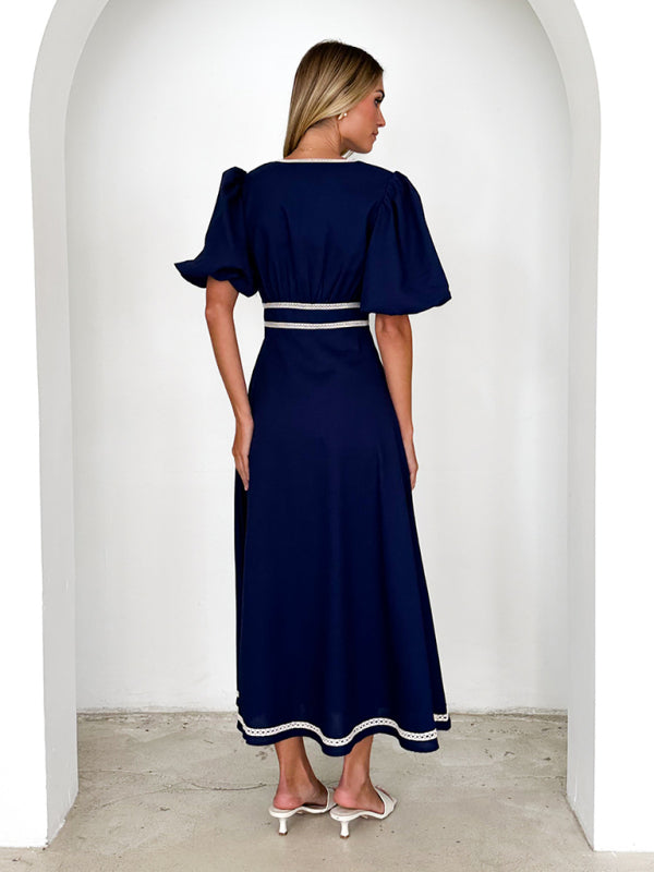 V-neck lace puff short sleeve waist dress