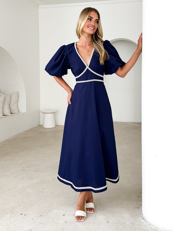 V-neck lace puff short sleeve waist dress