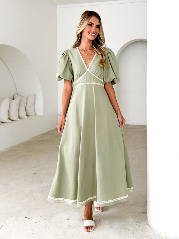 V-neck lace puff short sleeve waist dress