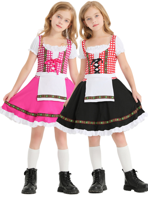 Children's clothing German traditional beer festival suit black and pink plaid print ethnic performance clothing - Hiccupzz