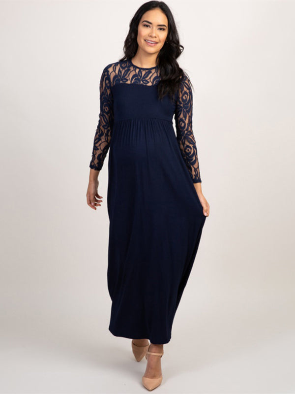 New European and American fashion solid color maternity lace hollow long sleeve dress long dress - Hiccupzz