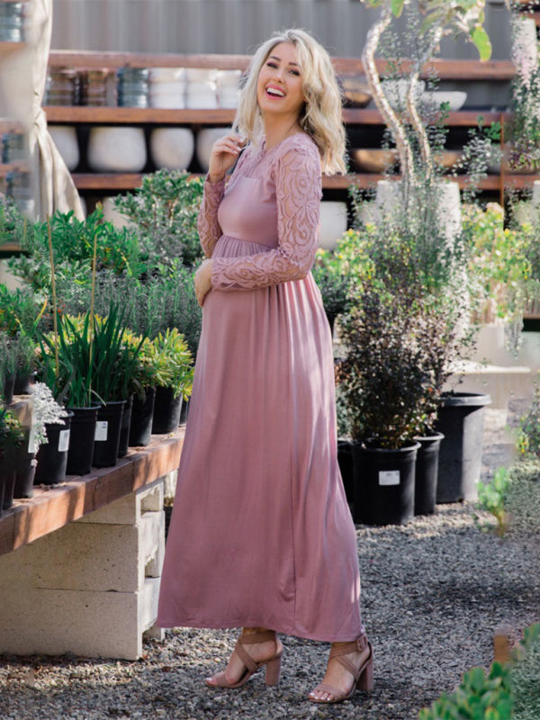 New European and American fashion solid color maternity lace hollow long sleeve dress long dress - Hiccupzz