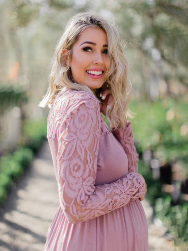 New European and American fashion solid color maternity lace hollow long sleeve dress long dress - Hiccupzz