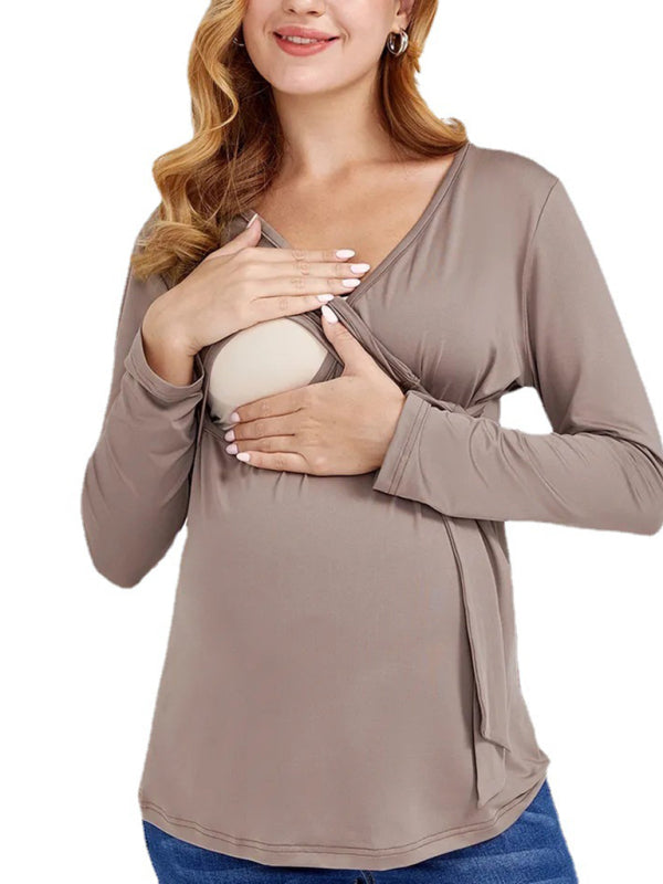 European and American solid color nursing V-neck long-sleeved maternity dress - Hiccupzz