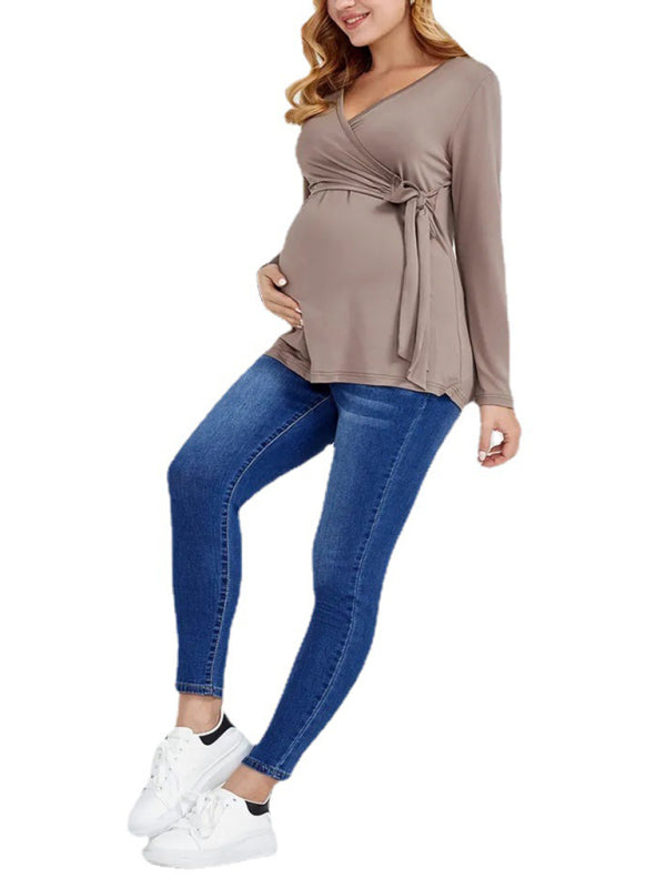 European and American solid color nursing V-neck long-sleeved maternity dress - Hiccupzz